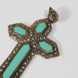 Handmade Sterling Silver Natural Turquoise and Round Cut Natural Marcasite Cross